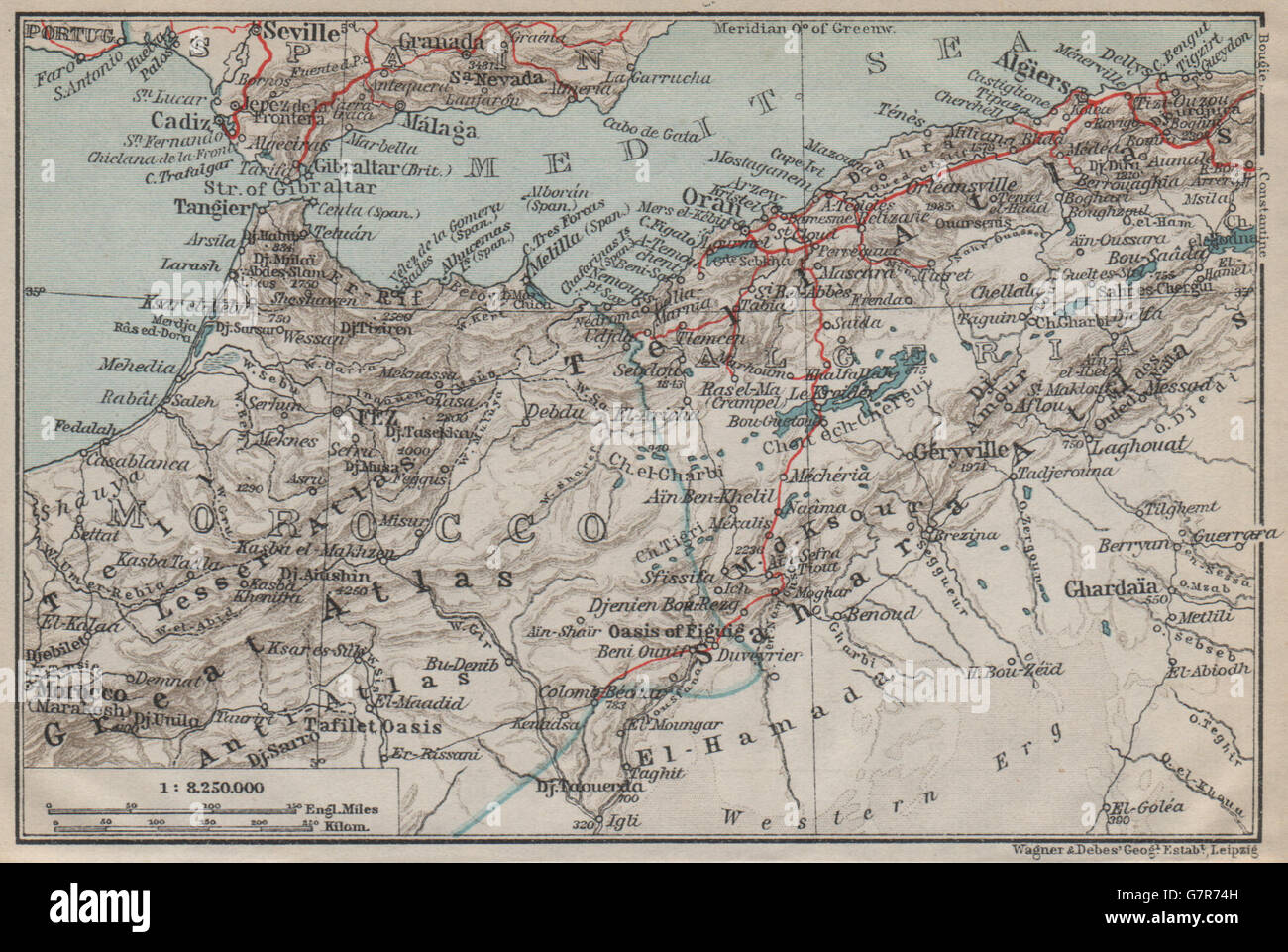 MOROCCO AND ALGERIA. Strait of Gibraltar Algiers Atlas mountains carte, 1911 map Stock Photo