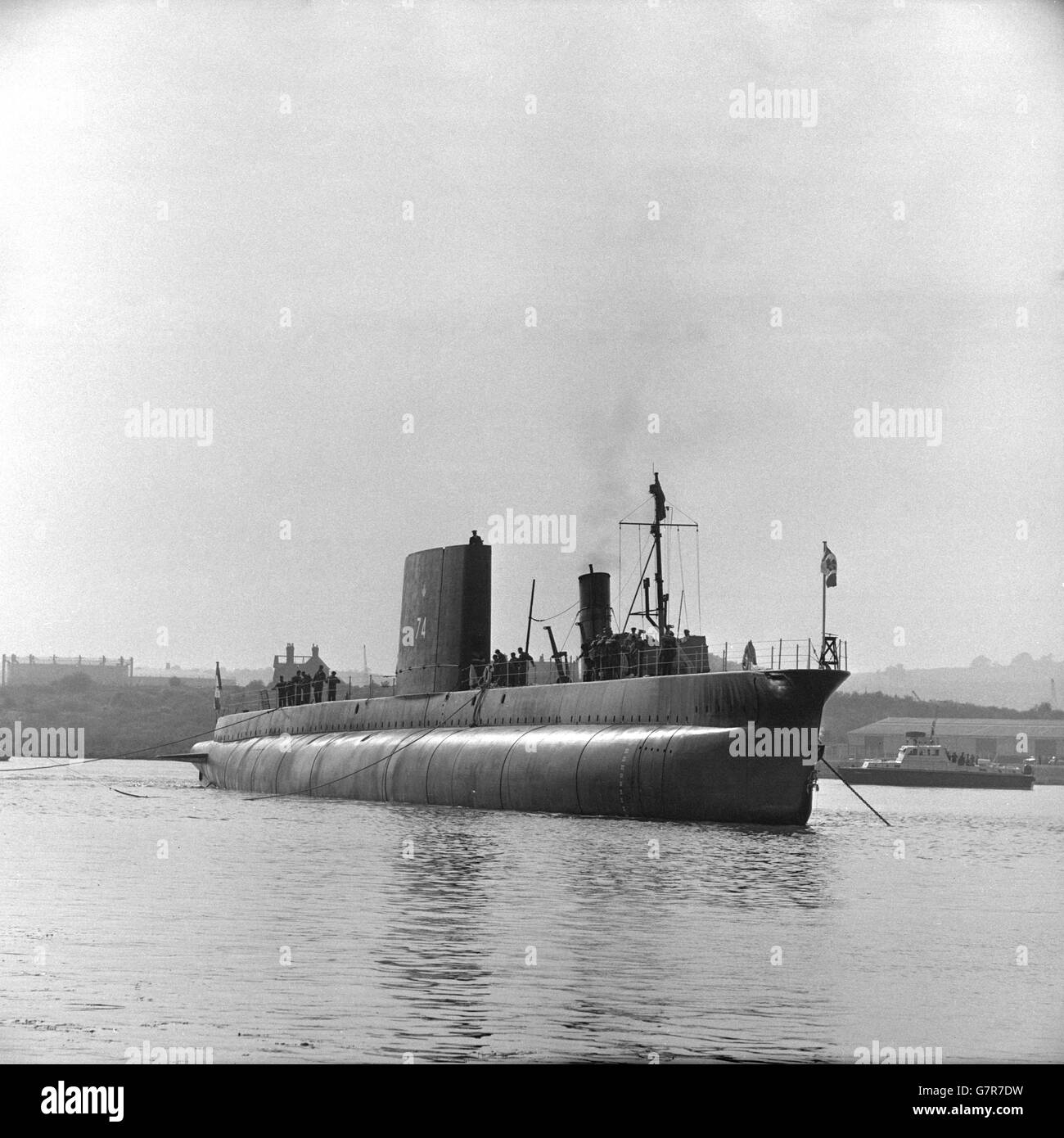 The oberon class submarine Okanagan, built for the Royal Canadian Navy, shortly after her launch from Chatham Dockyard, Kent. She was named by Madame Cadieux, wife of the Associate Minister of National Defence for Canada. Okanagan is the third and last of the present series of Oberon class submarines built for Canada. She will be ready for service in about a year. Stock Photo
