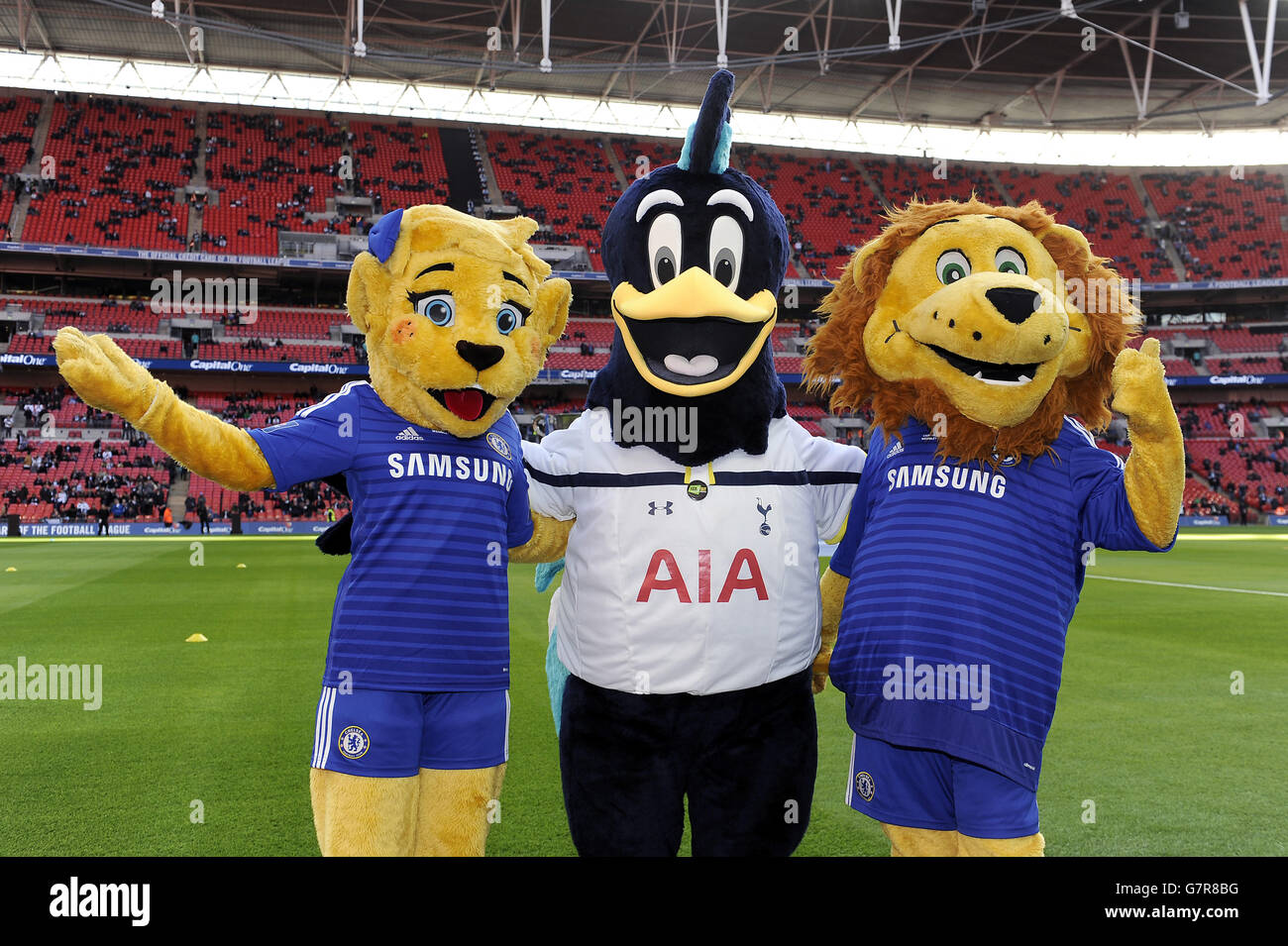 Tottenham Hotspur club mascot Chirpy Cockerel (centre) and the Chelsea mascots Stamford the Lion (right) and Bridgett the Lioness (left). Stock Photo