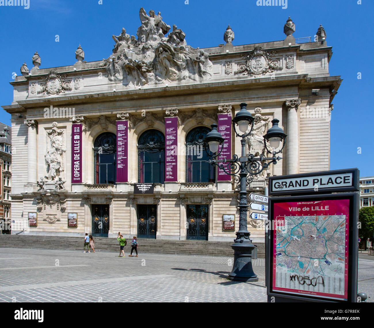 LILLE, FRANCE - JUNE 08, 2014:  Exterior view of the Opera House (Opera de Lille) with signs Stock Photo