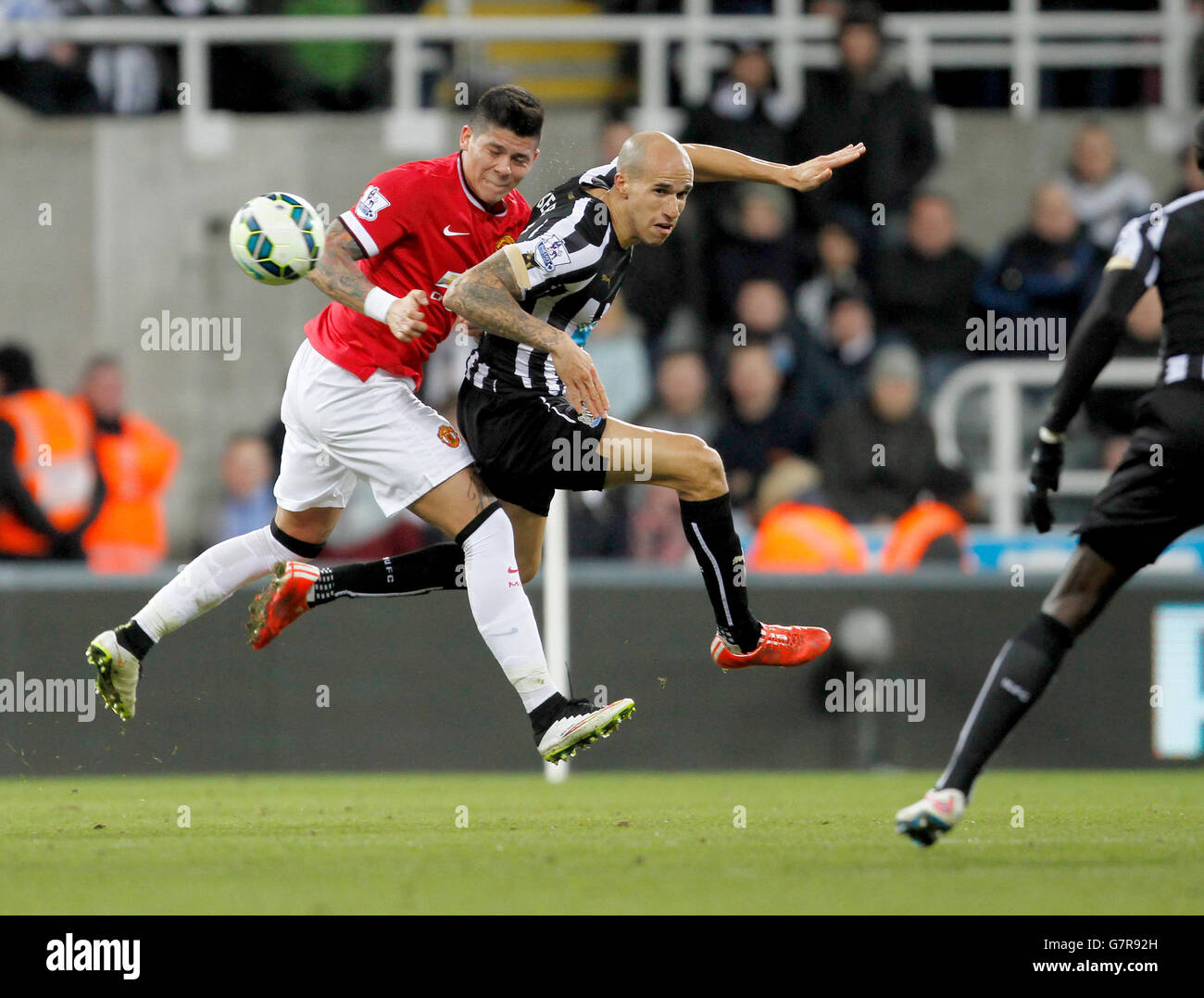 Manchester United's Marcos Rojo challenges Newcastle United's Gabriel Obertan during the Barclays Premier League match at St James' Park, Newcastle. Stock Photo
