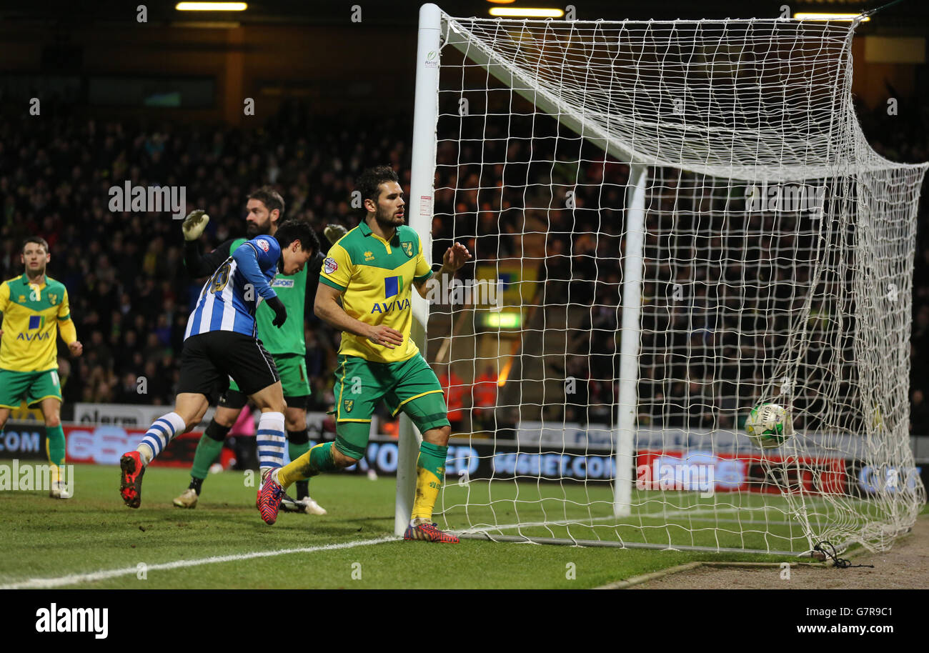 Soccer - Sky Bet Championship - Norwich City v Wigan Athletic - Carrow Road. Norwich City's Bradley Johnson's goal is ruled offside Stock Photo