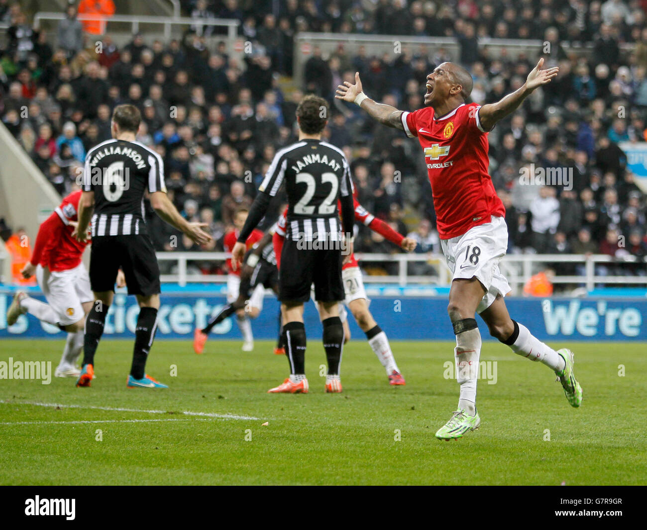 Manchester United's Ashley Young celebrates his winning goal during the Barclays Premier League match at St James' Park, Newcastle. Stock Photo
