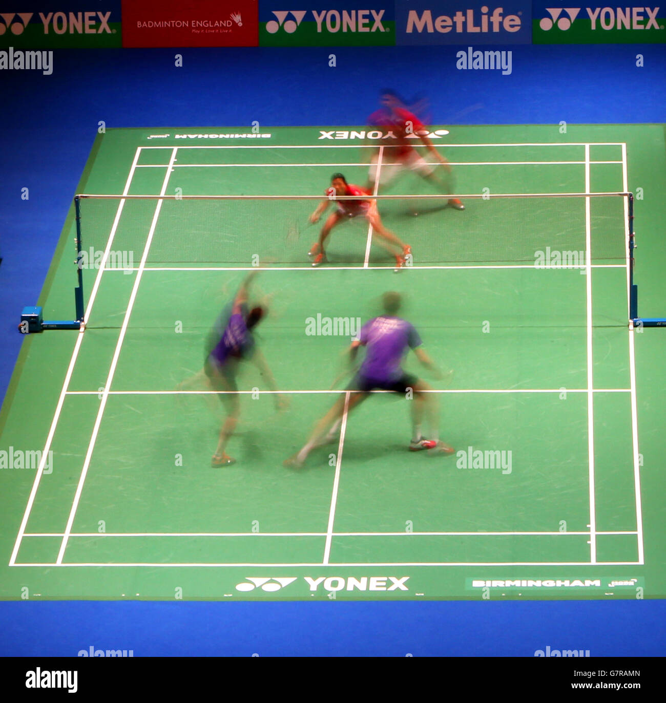 Indonesia's Praveen Jordan and Debby Sustano (top) in action against Denmark's Mads Pieler Kolding and Kamilla Rytter Juhl during their mixed doubles quarter final match Stock Photo
