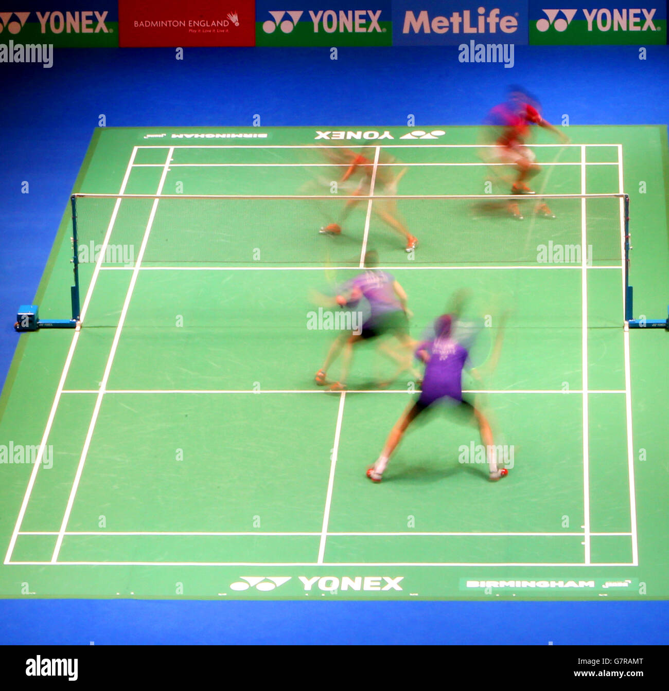 Indonesia's Praveen Jordan and Debby Sustano (top) in action against Denmark's Mads Pieler Kolding and Kamilla Rytter Juhl during their mixed doubles quarter final match Stock Photo