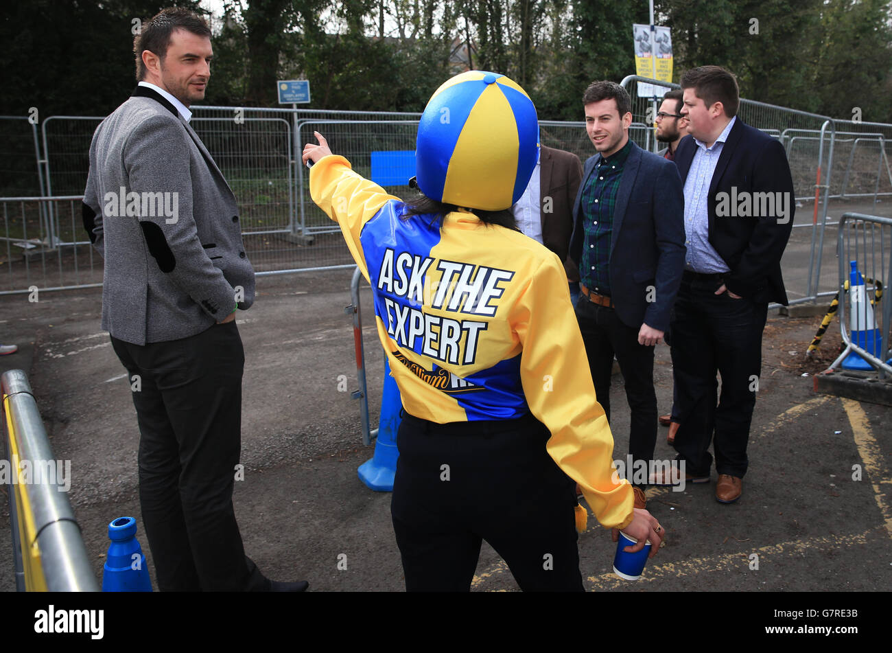 William Hill outside Cheltenham Spa train station directing racegoers to Cheltenham races, on St