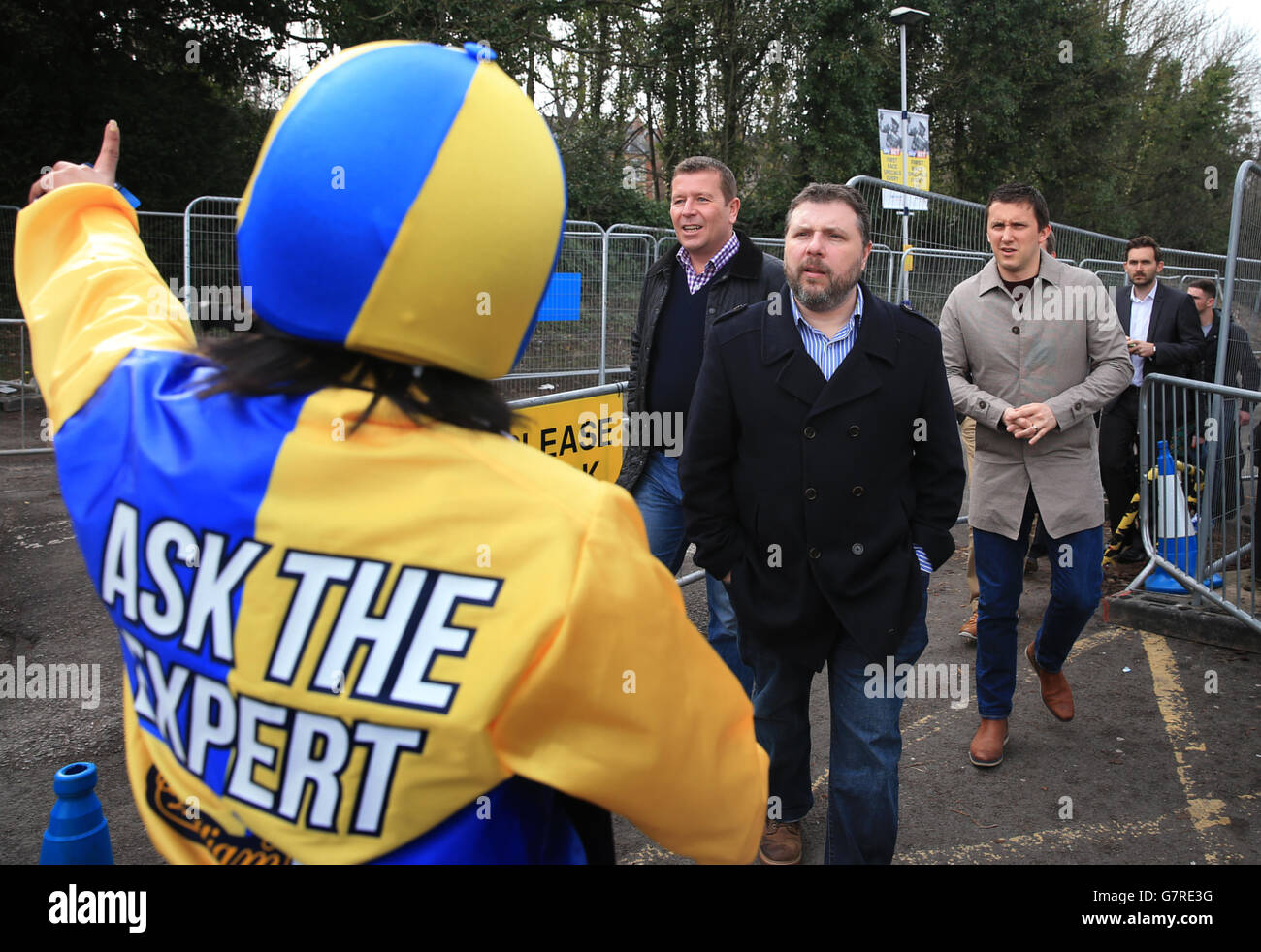 William Hill outside Cheltenham Spa train station directing racegoers to Cheltenham races, on St