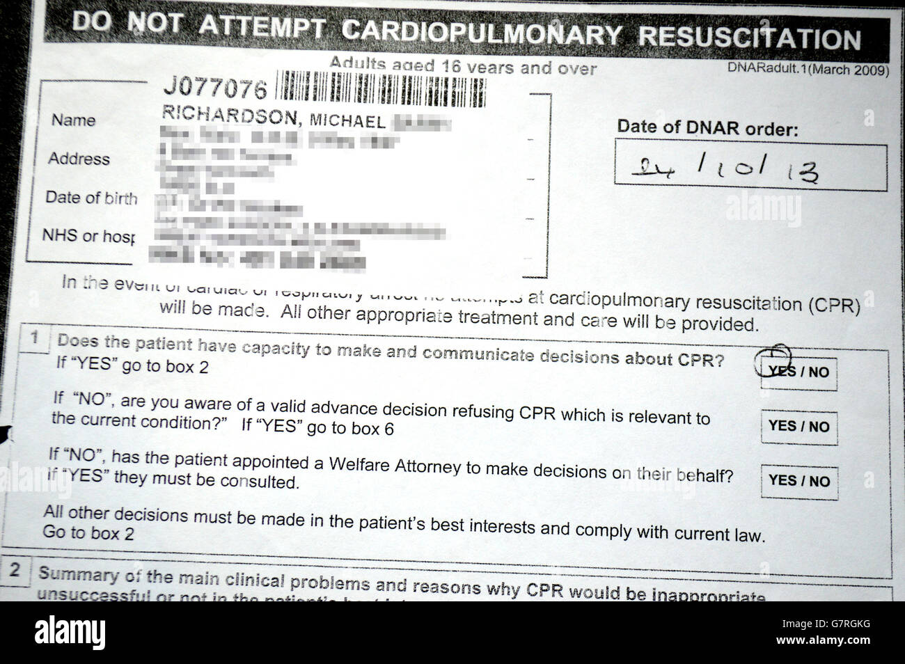 PERSONAL DETAIL PIXELATED BY THE PA PICTURE DESK Detail from the 'do not resuscitate' (DNR) notice of Michael Richardson as the final day of the inquest takes place Norwich Coroner's Court, following his death at the James Paget Hospital after being given a do not resuscitate (DNR) notice without any consultation. Stock Photo