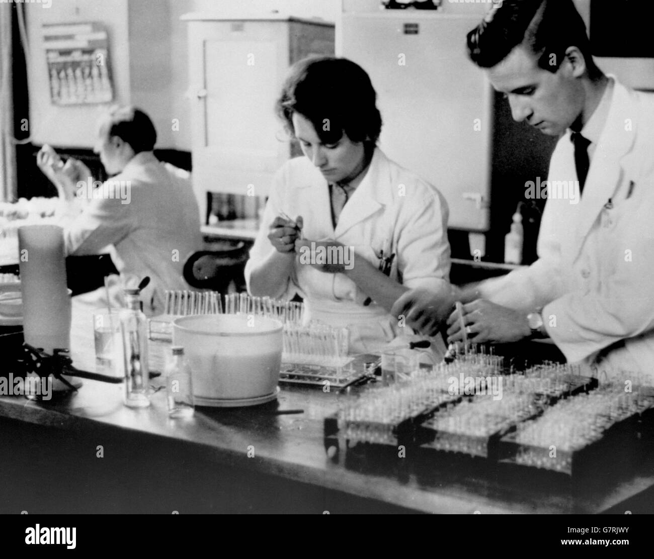 Laboratory workers testing blood samples at the City Hospital in Aberdeen in the fight against the Typhoid epidemic. The Typhoid total is up to 301,262 confirmed cases, the rest are suspected cases. Stock Photo