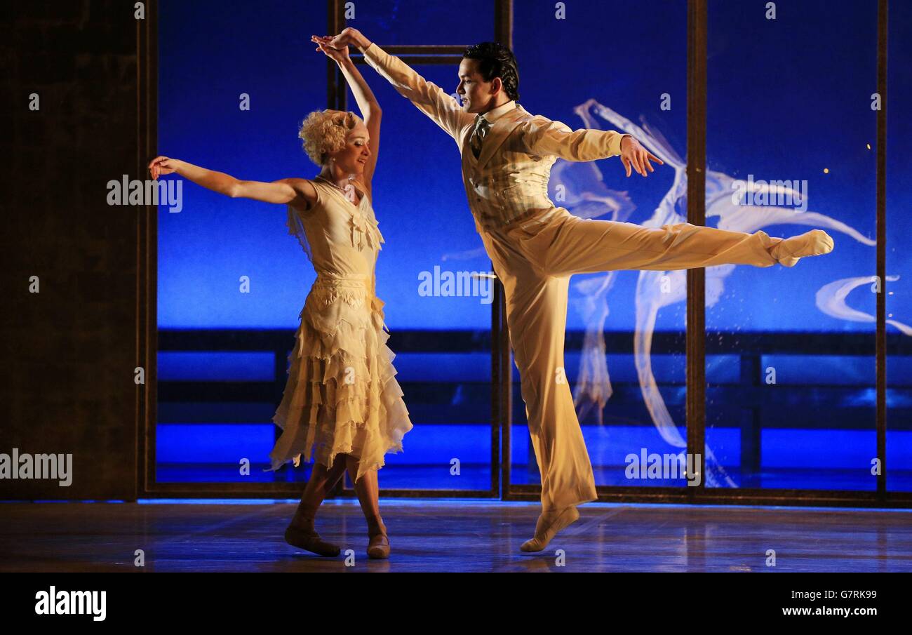 Javier Torres and Dreda Blow perform the 'Heavenly Space Pas de Deux' from the Northern Ballet's production of The Great Gatsby during a technical rehearsal at Sadlers Wells Theatre, London. Stock Photo