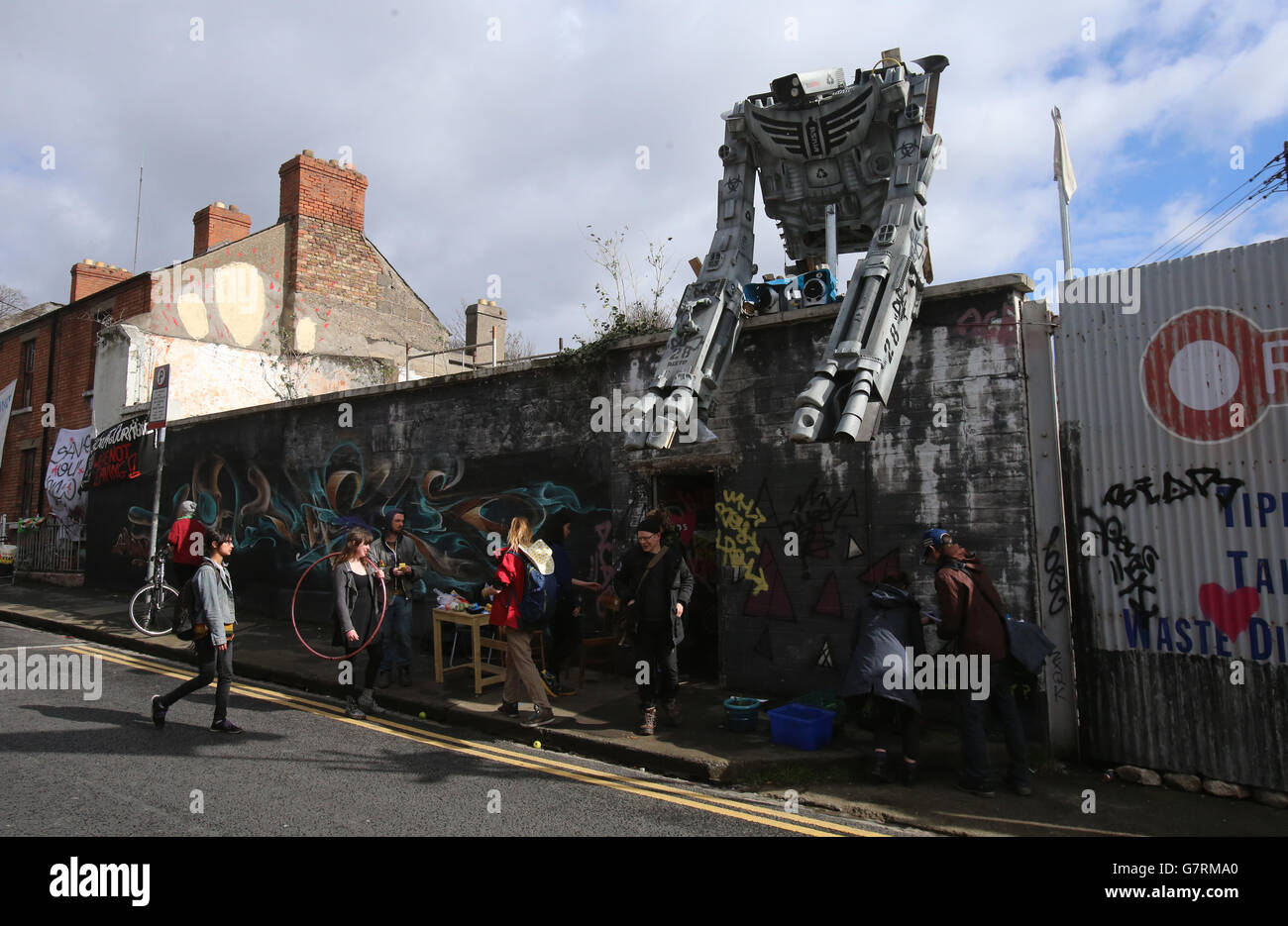 A group of Squatters barricade their homes in the Grangegorman area of Dublin. The people living at the complex, which includes three residential houses as well as a number of warehouses and a large yard, said they have reinforced external gates to prevent security workers from entering the site after an attempted eviction on Monday. Stock Photo