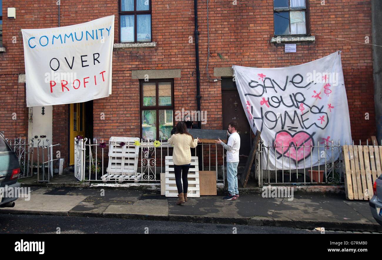 A group of squatters barricade their homes in the Grangegorman area of Dublin, the people living at the complex, which includes three residential houses as well as a number of warehouses and a large yard, said they have reinforced external gates to prevent security workers from entering the site after an attempted eviction on Monday. Stock Photo