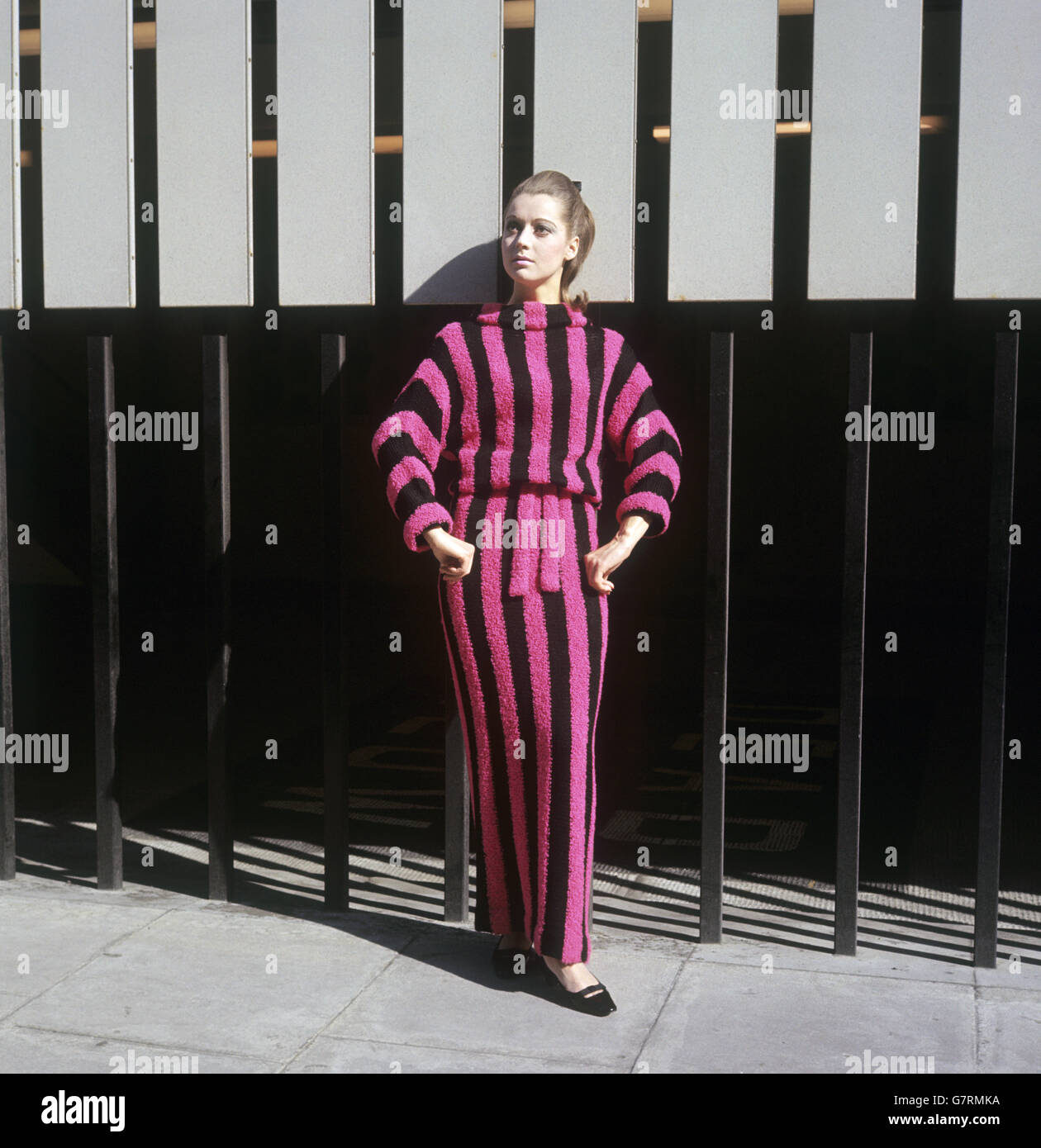 A model wears a jersey dress from the Italian Knitwear Exhibition at the Italian Trade Centre, Old Burlington Street. Stock Photo