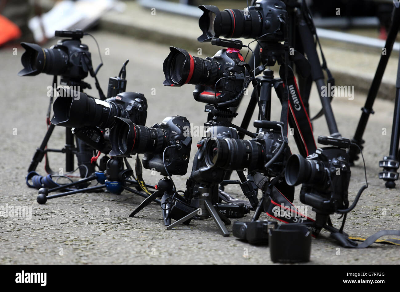 Remote cameras are positioned outside 11 Downing Street, London, before the annual Budget statement is delivered by Chancellor George Osborne. Stock Photo