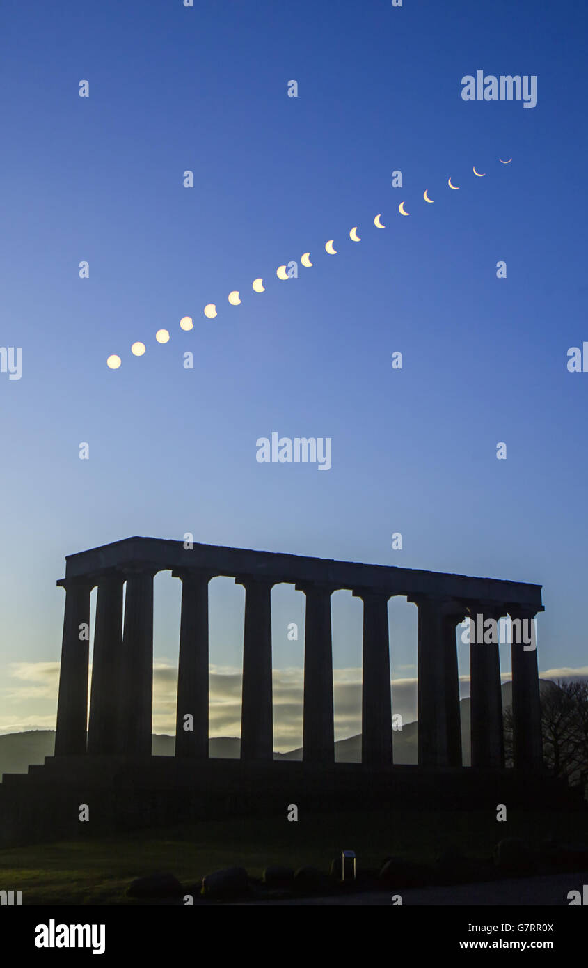 EDITORS NOTE: DIGITAL COMPOSITE IMAGE USING AN ND FILTER A digital composite photograph showing the eclipse of the sun over the National Monument of Scotland on Calton Hill in Edinburgh, as millions turned out to witness Britain enter the twilight zone of a near-total solar eclipse. Stock Photo