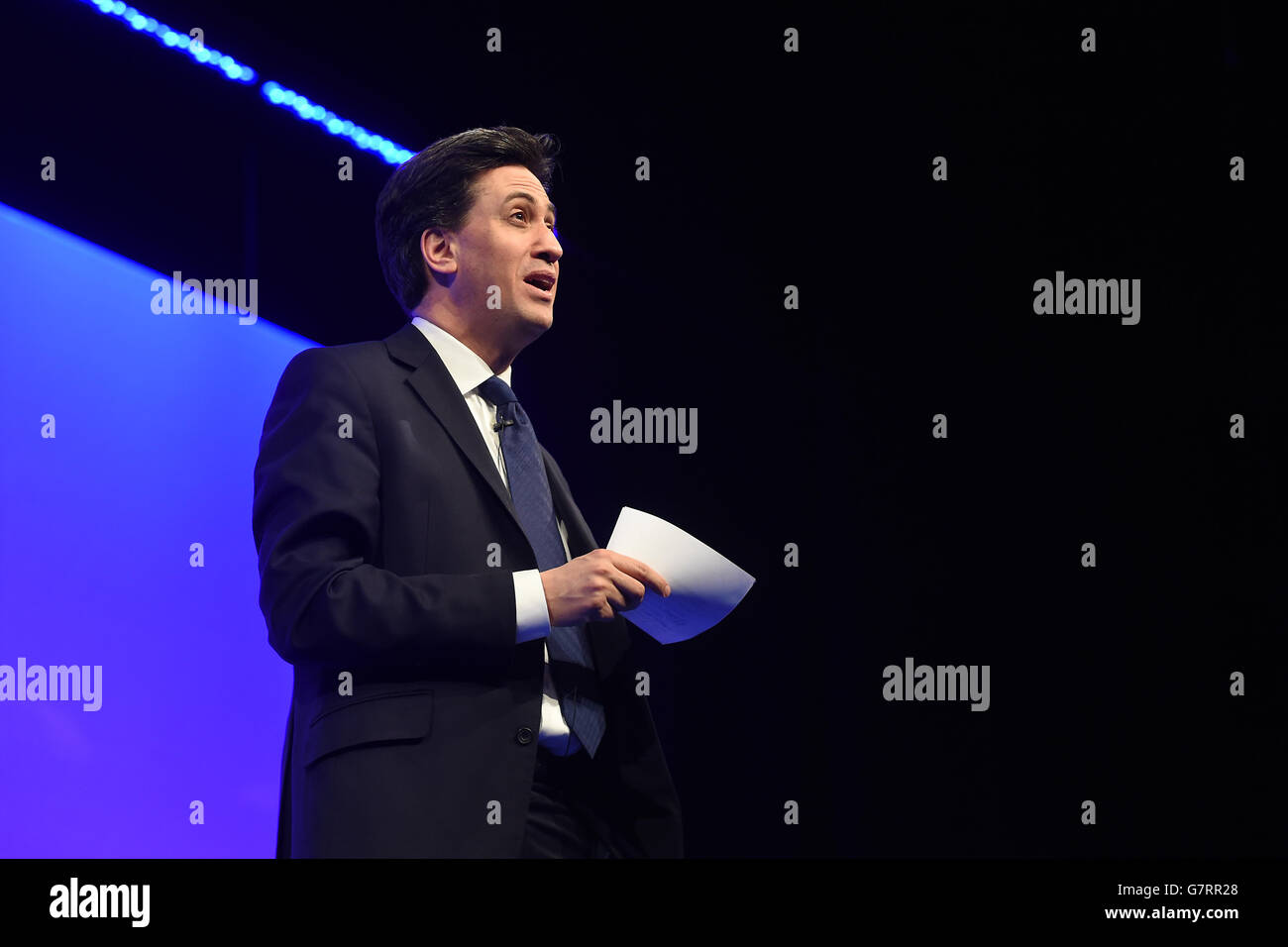 Labour leader Ed Miliband speaks during the Federation of Small Businesses (FSB) annual conference at the ICC in Birmingham. Stock Photo