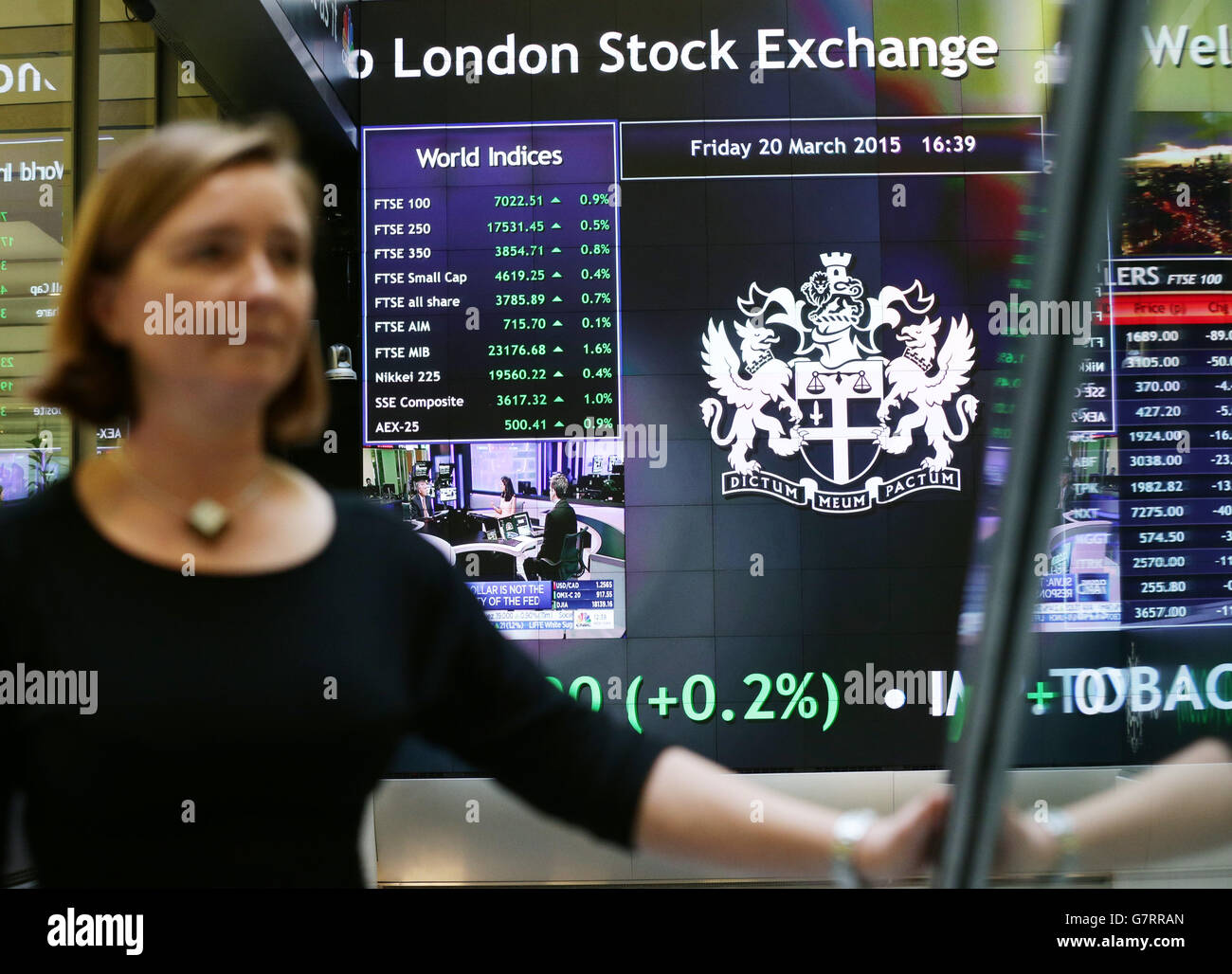 An information screen displaying the FTSE 100, which has risen above