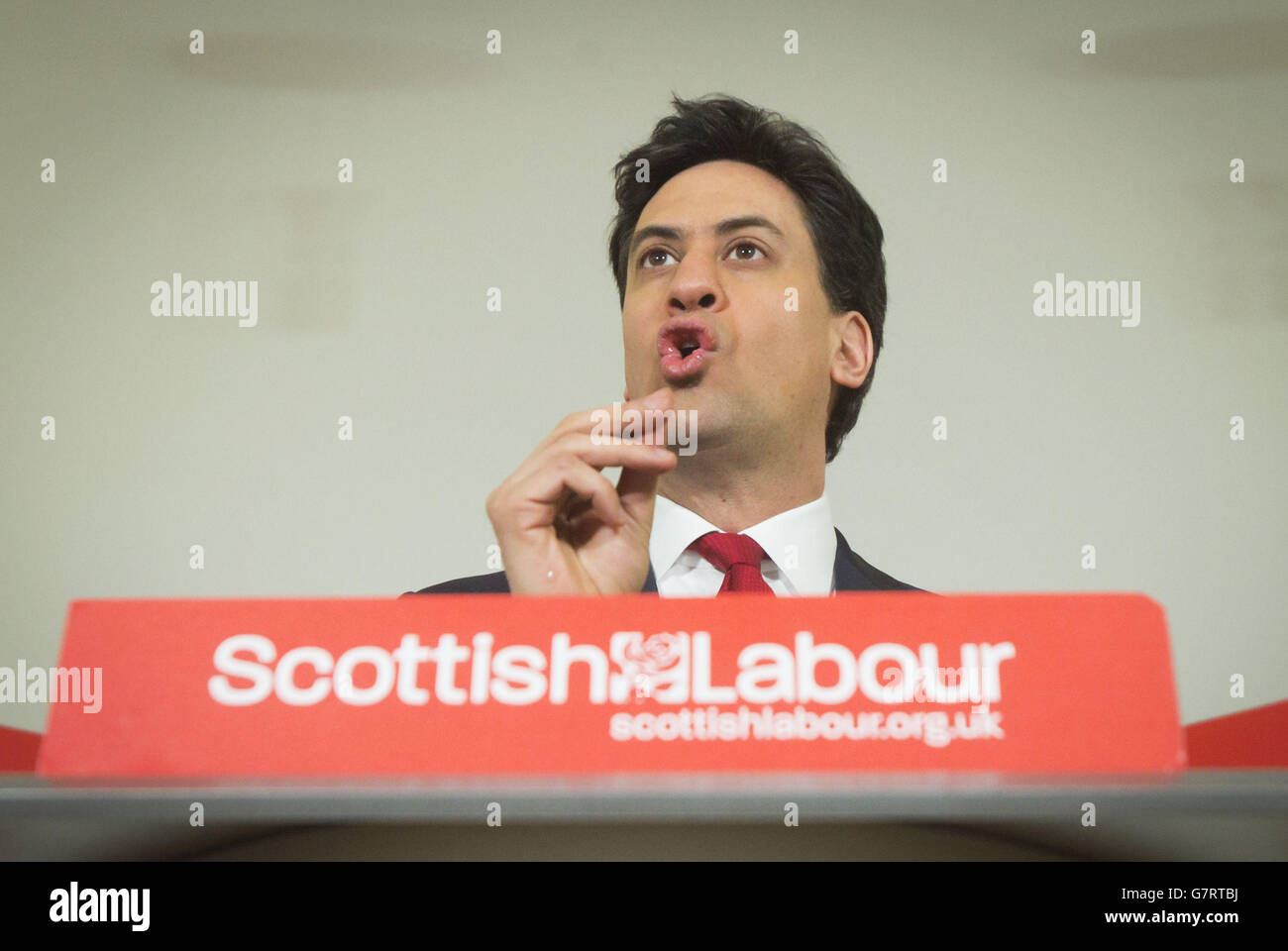 Labour leader Ed Miliband delivers a speech at Clydebank Town Hall in Clydebank, Scotland. Stock Photo