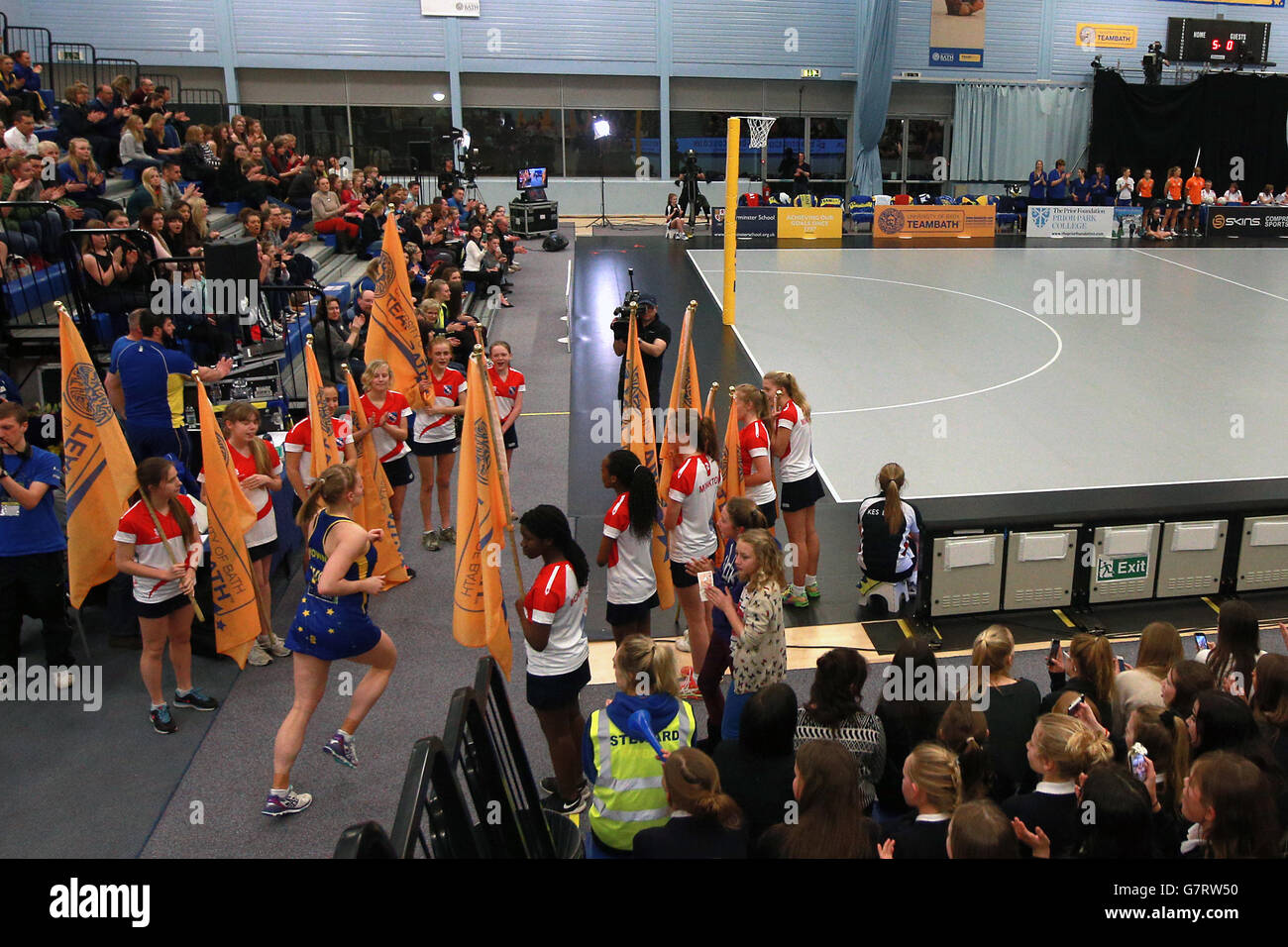Netball - Superleague - Team Bath v Manchester Thunder - Bath Sports Training Village. A general view as Team Bath players make their way out to the court. Stock Photo