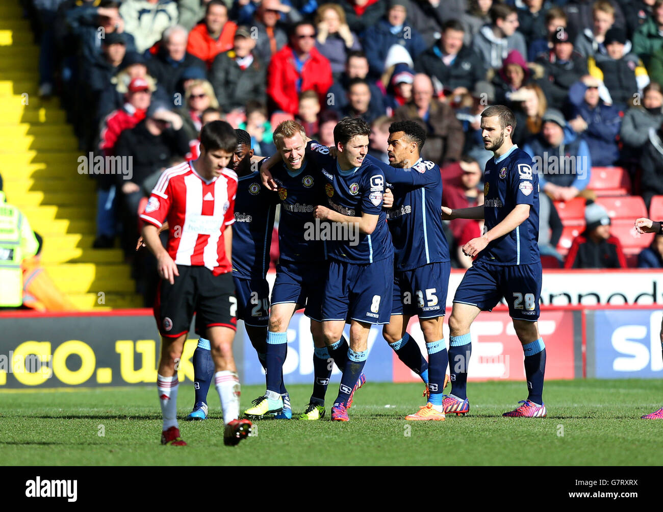 Crewe Alexandra's Lauri Dalla Valle (centre left) celebrates scoring his sides first goal of the game during the Sky Bet League one match at Bramall Lane, Sheffield. Stock Photo