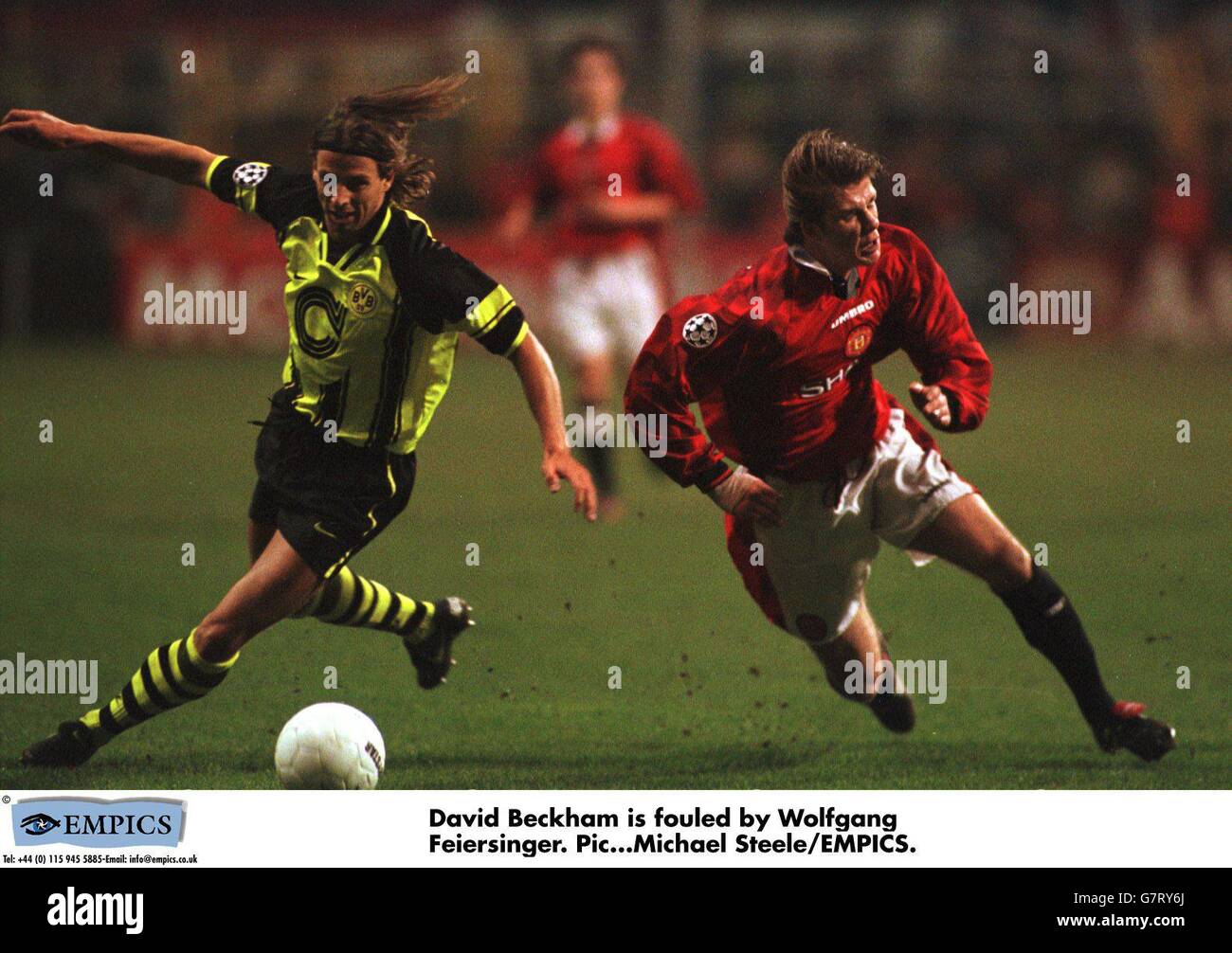 European Soccer-Champions League-Semi Final first leg. David Beckham is fouled by Wolfgang Feiersinger. Stock Photo