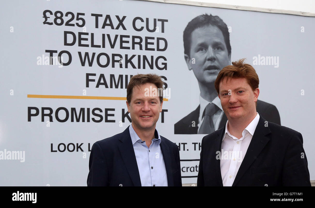 Liberal Democrat leader Nick Clegg (left) and Chief Secretary of the Treasury Danny Alexander during the unveiling of a Liberal Democrat election poster in Hyde, Cheshire. Stock Photo