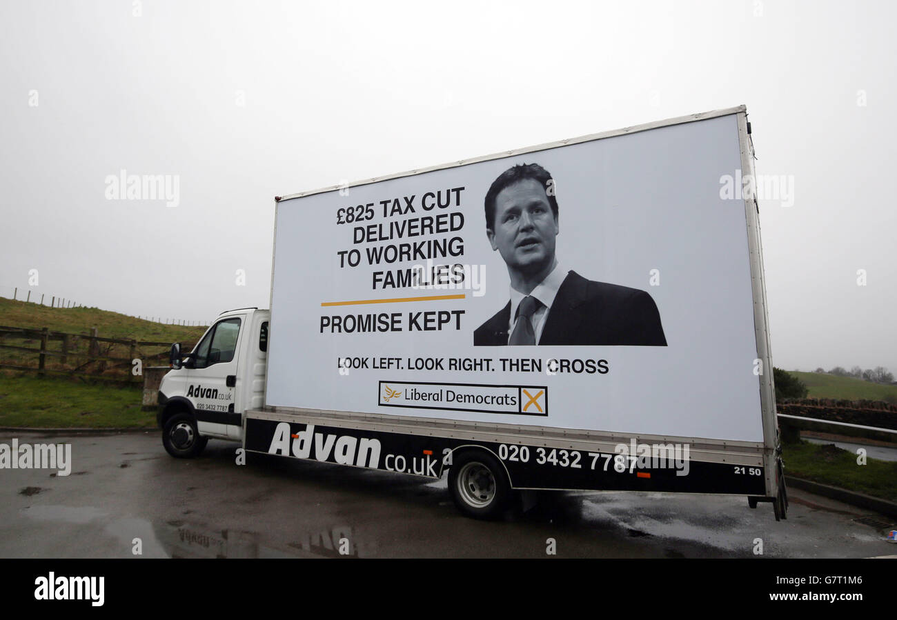 A vehicle carrying a Liberal Democrat election poster which was unveiled in Hyde, Cheshire. Stock Photo