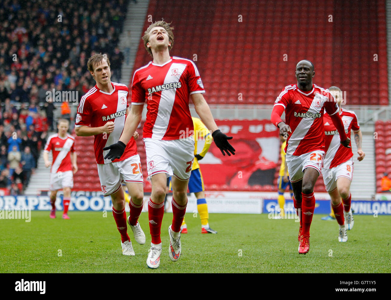 Middlesbrough's Patrick Bamford celebrates his opener during the Sky Bet Championship match at the Riverside Stadium, Middlesbrough. Stock Photo
