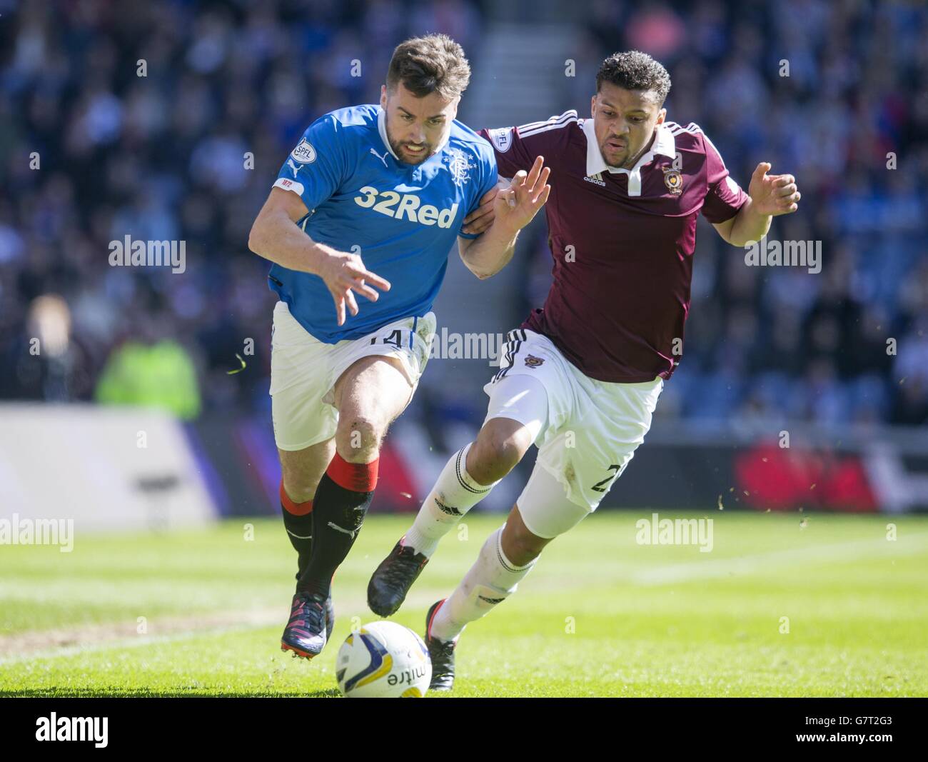 Rangers' Darren McGregor (left) and Herats' Osman Sow (right) during the Scottish Championship match at Ibrox Stadium, Glasgow. Stock Photo