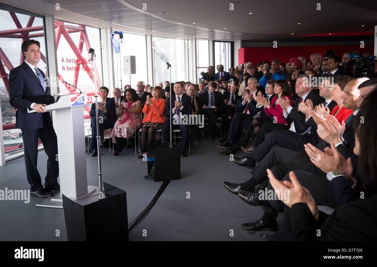 Labour leader Ed Miliband speaks to party members and supporters to officially launch their 2015 General Election campaign at the Olympic Park in London. Stock Photo