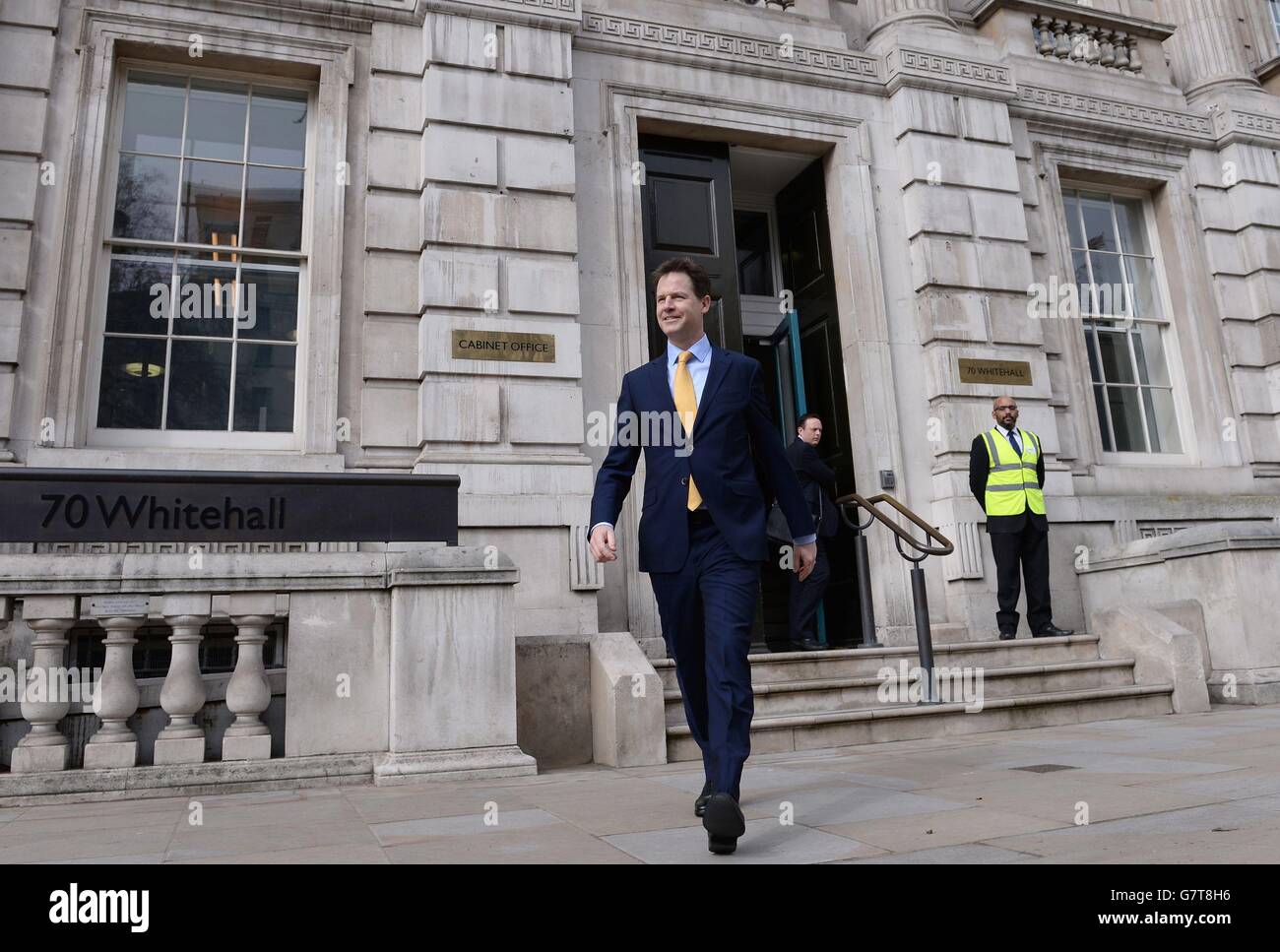 Deputy Prime Minister Nick Clegg outside the Cabinet Office, London, as one of the most closely-contested general elections for decades formally gets under way today, with David Cameron accusing Labour of planning a &Acirc;&pound;3,000 tax hike for every working family. Stock Photo