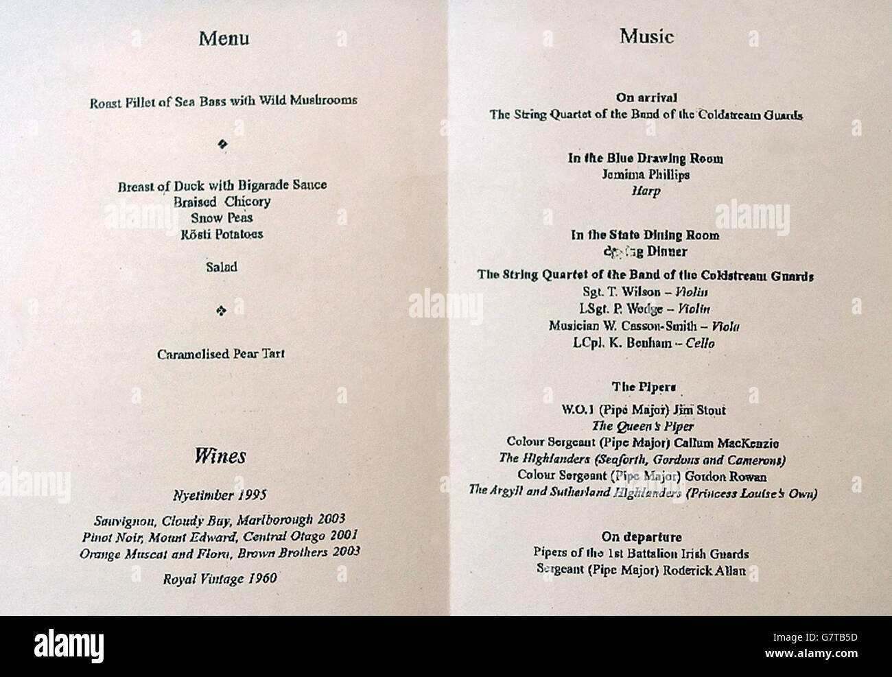 The menu printed in English for the first time in history, for the