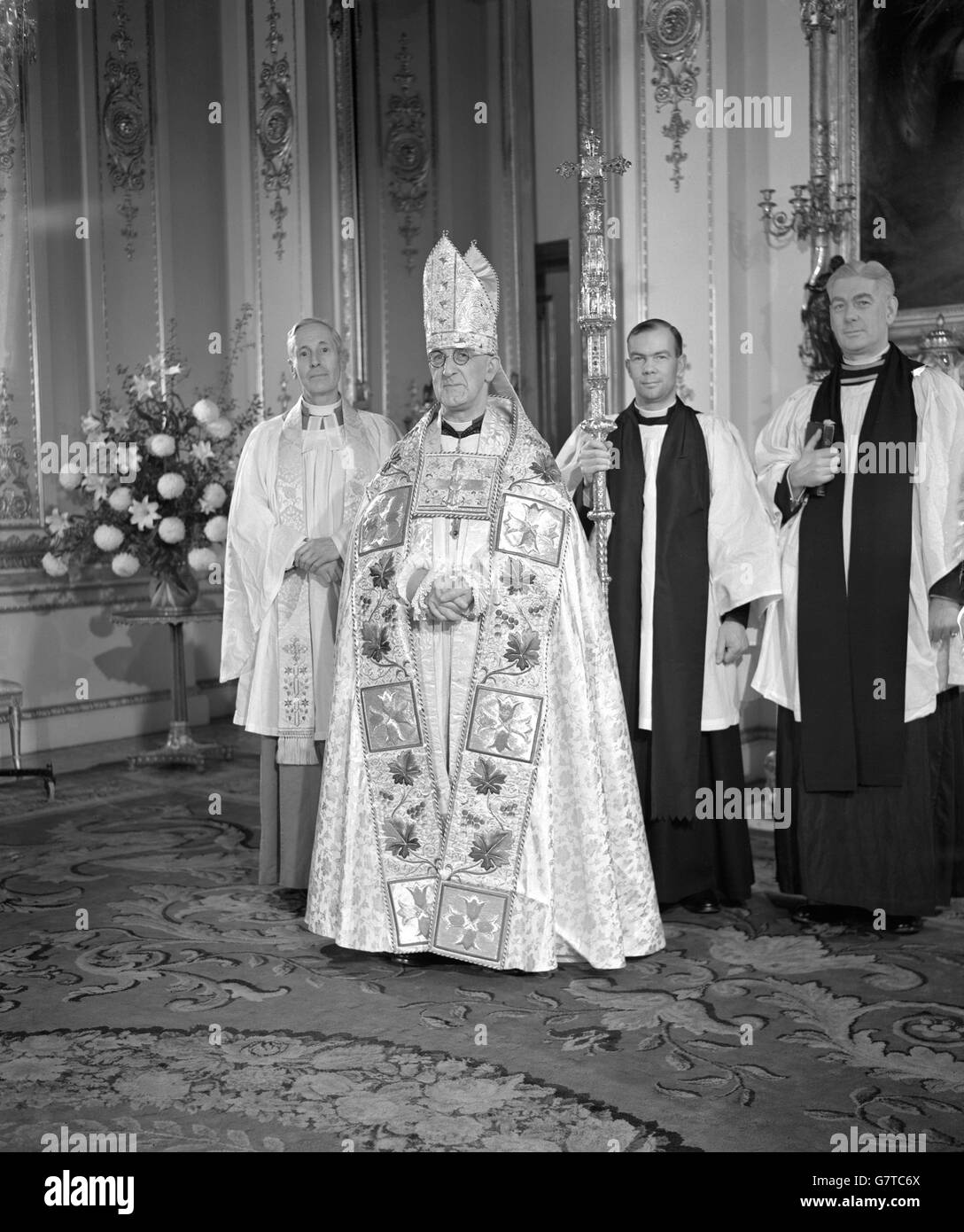 Geoffrey Fisher, Archbishop of Canterbury at Buckingham Palace after christening Prince Charles. Stock Photo