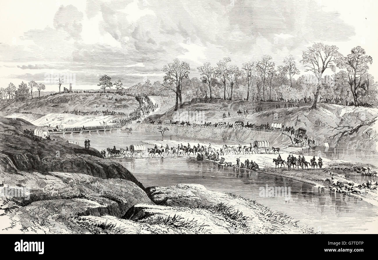 The War in Louisiana - General Banks Army, in the advance of Shreveport, crossing Cane River, March 31, 1864. USA Civil War Stock Photo