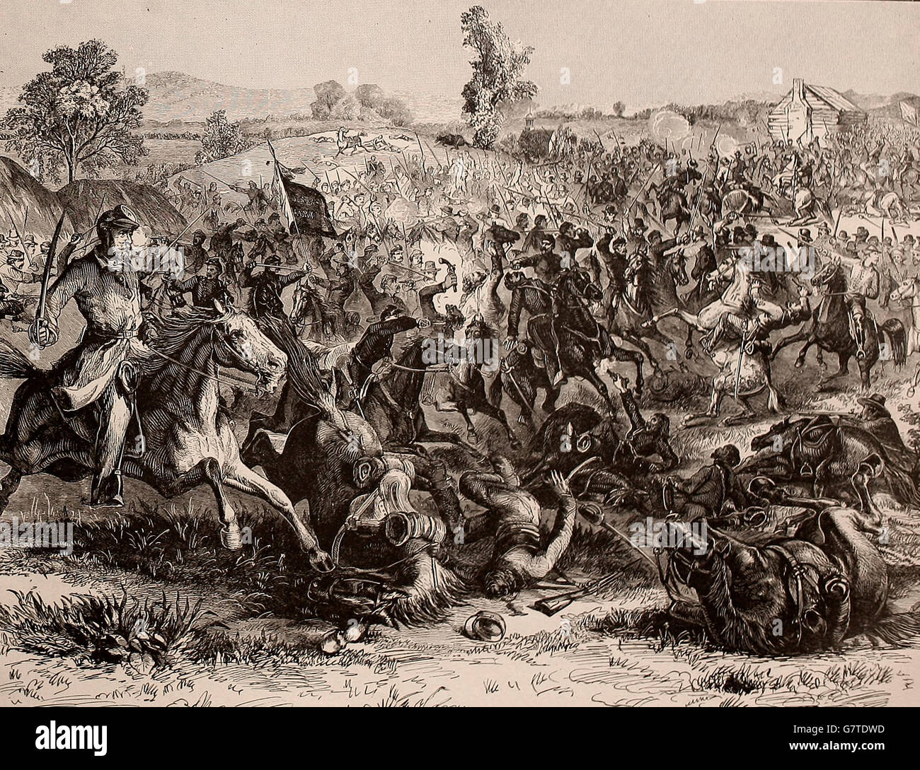 Cavalry fight between the forces of Sheridan and Stuart, at Yellow Tavern, near Richmond, Virginia, May 11, 1864. USA Civil War Stock Photo
