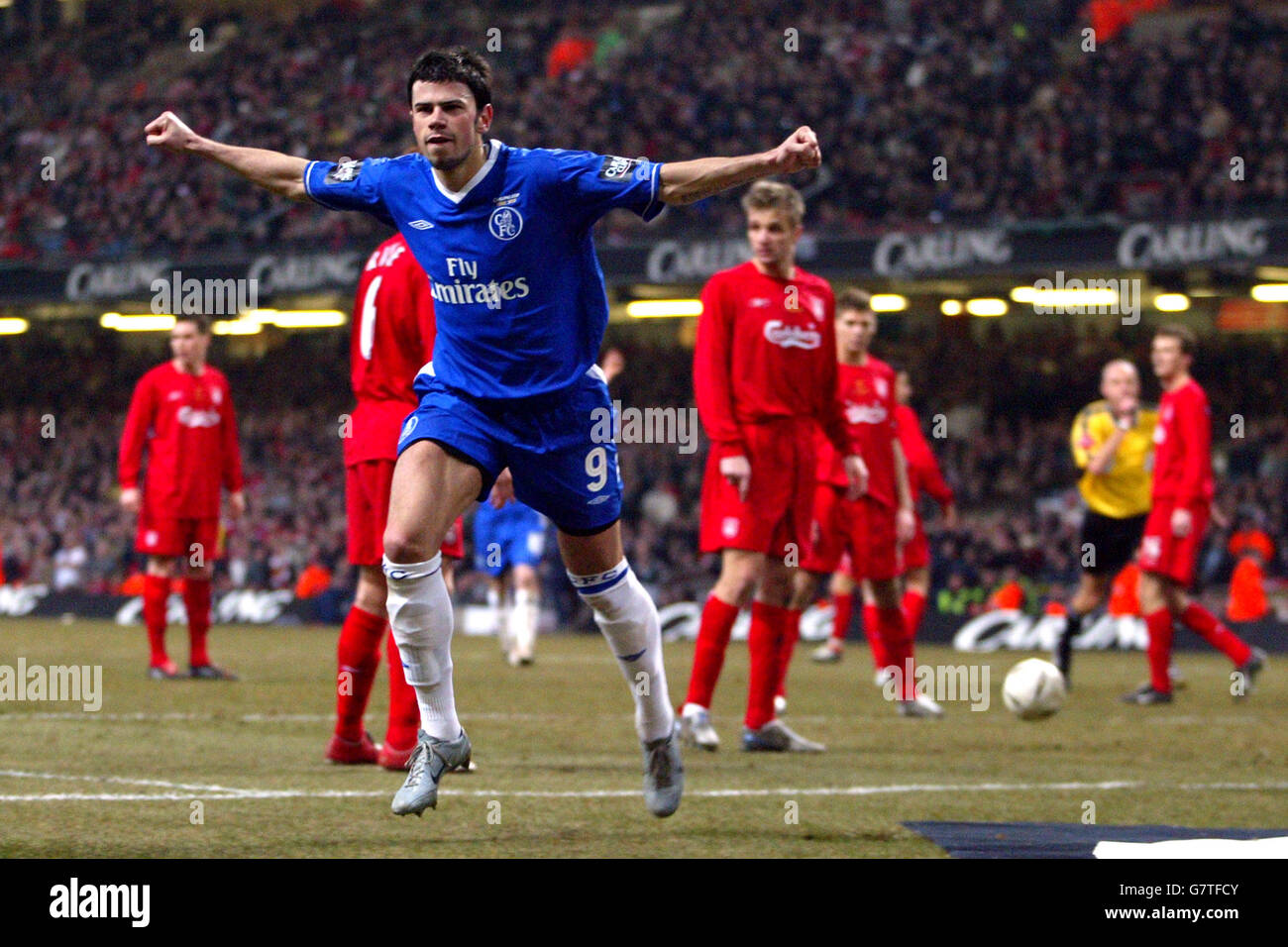 Soccer - Carling Cup - Final - Chelsea v Liverpool - Millennium Stadium. Chelsea's Mateja Kezman celebrates after scoring the third goal Stock Photo