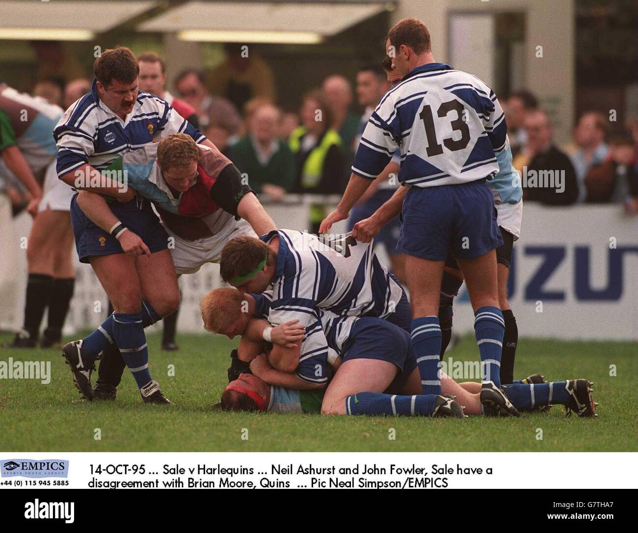 14OCT95. Sale v Harlequins. Neil Ashurst and John Fowler, Sale have a