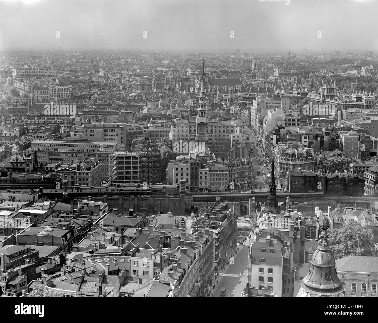 View of the London skyline taken from the dome of St. Paul's Cathedral. Some of the churches in view include St Mary le Strand, St Clement Danes, St Bride's Church, St Dunstan-in-the-East and St Martin-in-the-Fields. Stock Photo