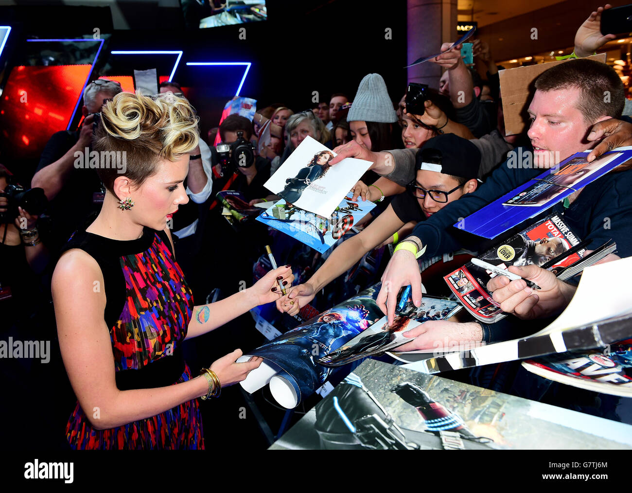 Scarlett Johansson (Natasha Romanoff/ Black Widow) attending Marvel Avengers: The Age Of Ultron European Film Premiere held at the VUE cinema in Westfield, London. Stock Photo