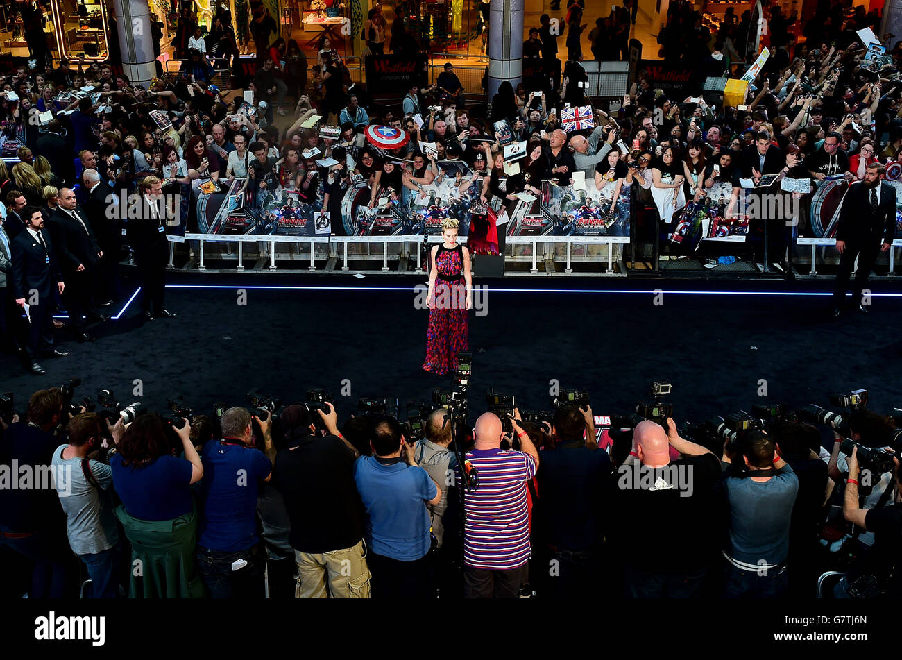 Scarlett Johansson (Natasha Romanoff/ Black Widow) attending Marvel Avengers: The Age Of Ultron European Film Premiere held at the VUE cinema in Westfield, London. Stock Photo