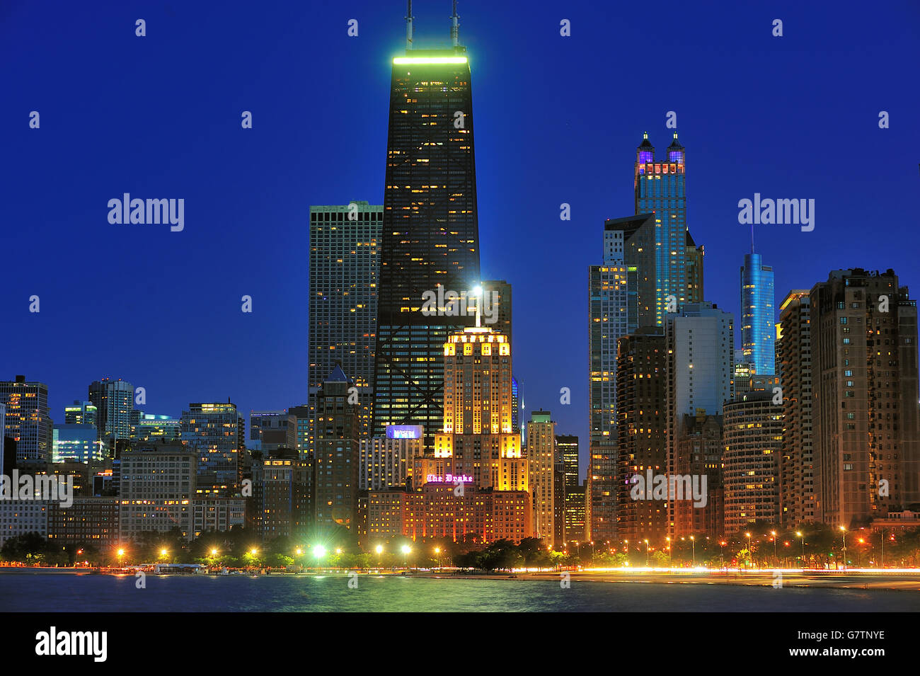 Buildings in the near North Side Chicago skyline light up the night in