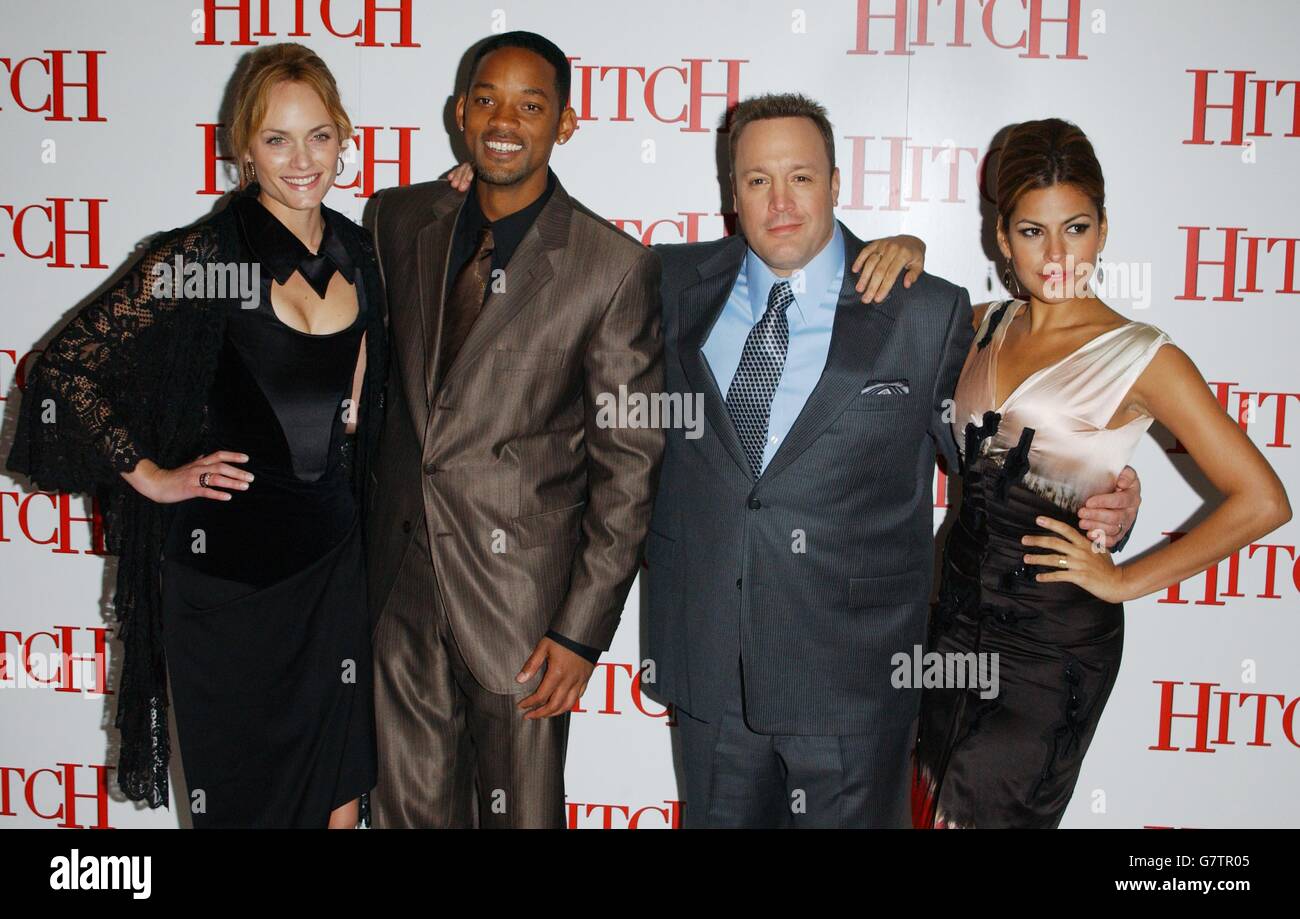 (From left to right) cast members Amber Valletta, Will Smith, Kevin James and Eva Mendes arrive. Star of the film, Will is set to make movie-history today as he attempts to attend three Gala premieres of his latest movie in three different cities. Stock Photo