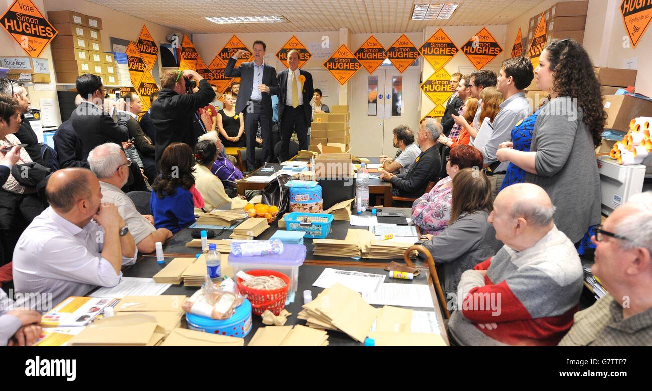 Liberal Democrats leader Nick Clegg speaks to party activists at the office of the party's parliamentary candidate for Southwark and Old Bermondsey Simon Hughes during a General Election campaign visit to Southwark, south London. Stock Photo