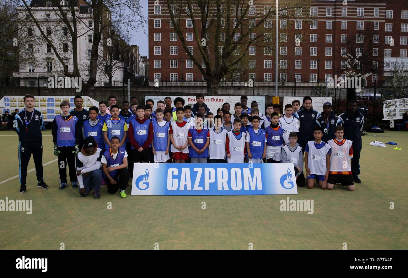Chelsea FC club partners Gazprom along with Paulo Ferreira launch their sponsorship of Friday and Saturday night Premier League Kicks programme which uses football to engage with young people, at the Pimlico Academy, London. PRESS ASSOCIATION Photo. Picture date: Friday April 17, 2015. Photo credit should read: Paul Harding/PA Wire. Stock Photo