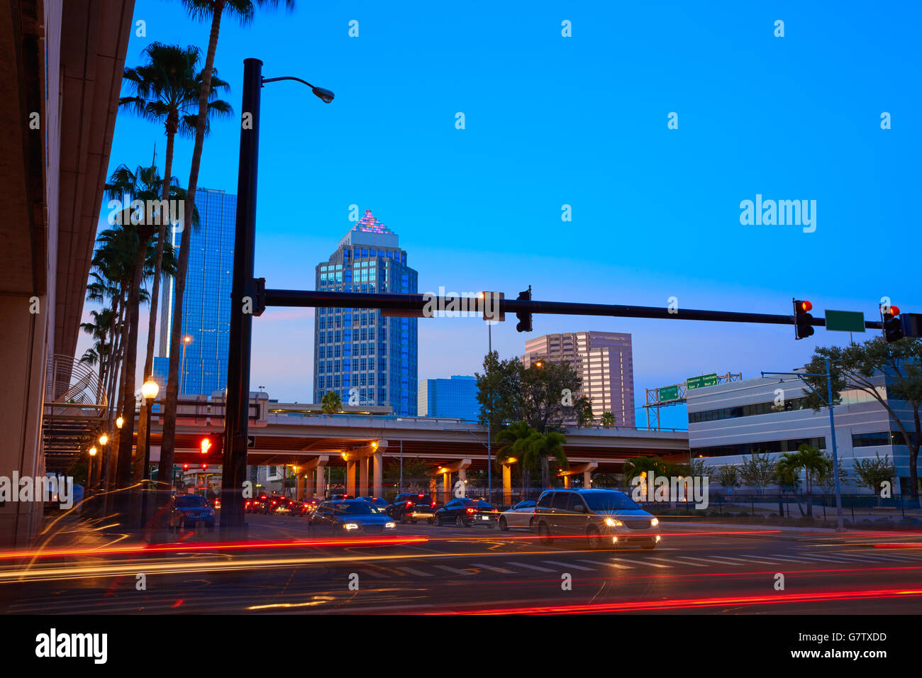 Florida Tampa skyline at sunset from Hillsborough river in US Stock Photo