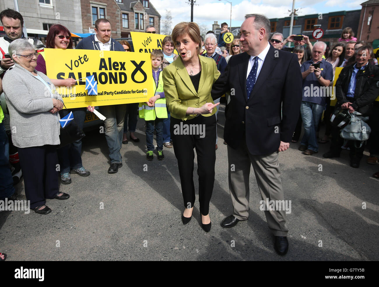 First Minister Nicola Sturgeon with Alex Salmond while on the General Election campaign trail in Inverurie in the Gordon constituency. Stock Photo
