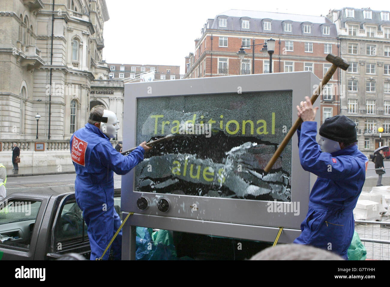 Demonstrators from the Christian Congress For Traditional Values symbolically destroy a TV in protest at the BBC's stand against traditional family values. Stock Photo