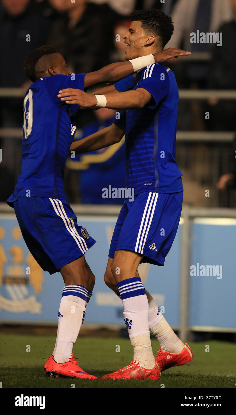 Soccer - FA Youth Cup - Final - First Leg - Manchester City v Chelsea - City Football Academy Stadium. Chelsea's Dominic Solanke celebrates scoring the 3rd goal against Manchester City with Charly Musonda (left) Stock Photo