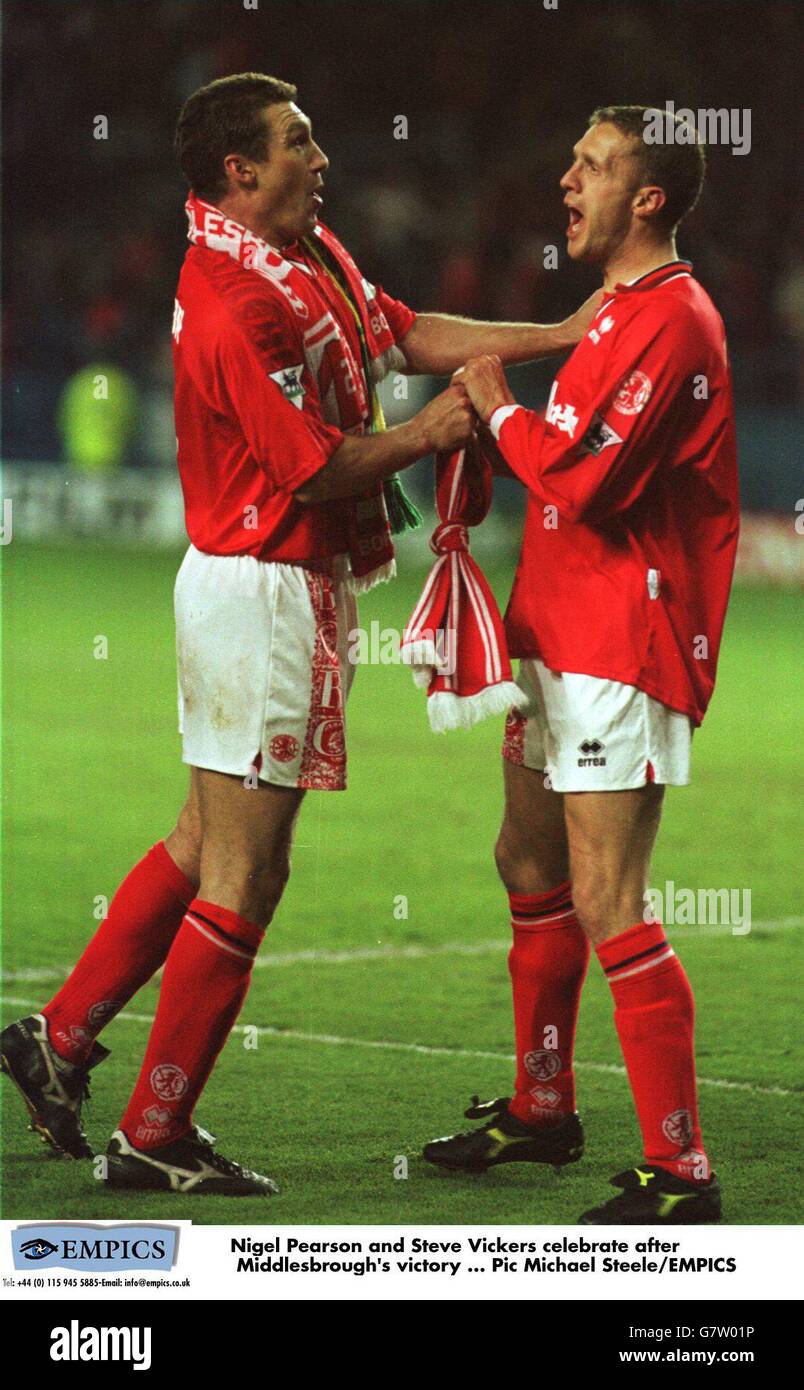 Nigel Pearson and Steve Vickers celebrate after Middlesbrough's victory Stock Photo
