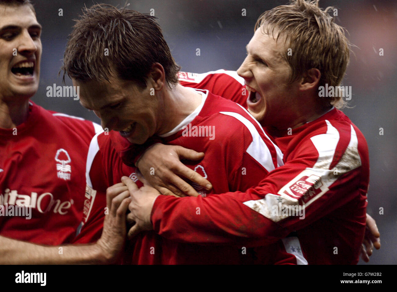 Nottingham Forest's Gareth Taylor celebrates the own goal from Leicesters Danny Tiatto from his goal bound effort Stock Photo